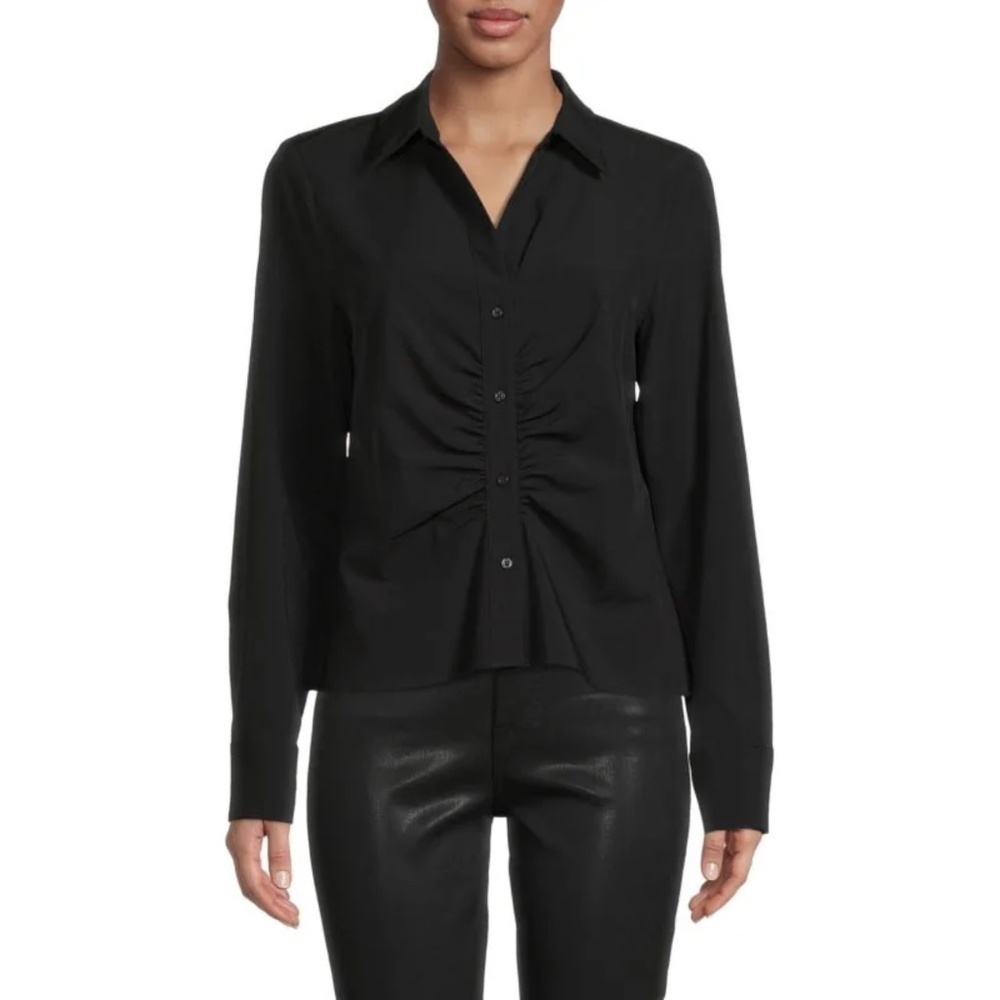 NWT Calvin Klein Solid Gathered Ruched Stretch Button Down Shirt in Black Sz. 3X